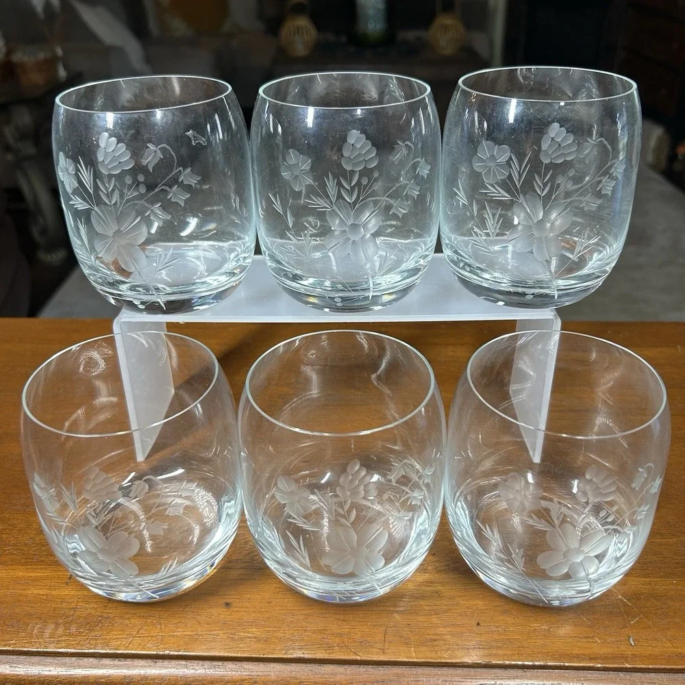 Vtg 6 Princess House Heritage Stemless Rocks Glasses Etched Floral Clear 12 oz